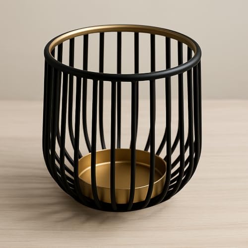 Image of The Purple Tree Decorative Metal Candle Holder for Home Decor - Modern Black & Gold Tealight Holder for Table Centerpiece | Diwali, Festive & Everyday Use | Elegant Iron Cage Votive Holder