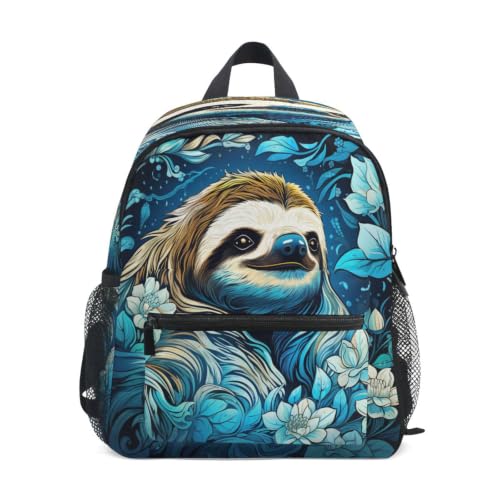 Cartable pour âges de 3 à 8 ans bleu avec motif fleur abstraite et paresseux