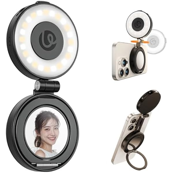 ULANZI LM23 Magnetyczna lampa do selfie, ulepszona lampa pierścieniowa do selfie 360° iPhone'a z mocowaniem rozmów wideo/konferencji/vlogów/fotografii (Czarny)