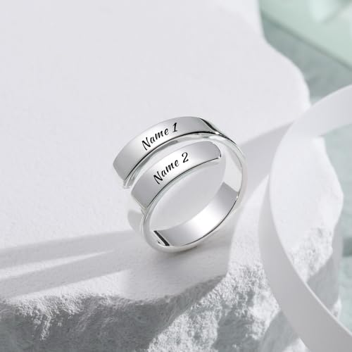 INBLUE Personalized 925 Sterling Silver Spiral Twist Ring for Women Customized Engraving Name/Date with Birthstones Adjustable Open Wrap Band Promise Ring Gift for Wedding Engagement2