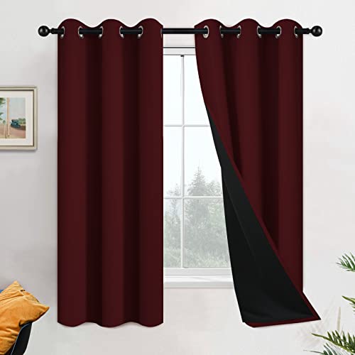 Image of Yakamok Burgundy Red Blackout Curtains 63 Inches Long for Bedroom 42 inch Wide | Blackout Curtain Panels for Bedroom, 2 Thick Layers Grommet Top Thermal Insulated Drapes with Black Liner for Living Room