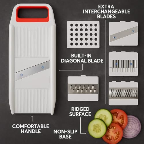 Image of 6 in 1 Mandoline Vegetable Slicer | Multipurpose Slicer & Cutter with Interchangeable Stainless Steel Blades | Manual Potato Onion Tomato Slicer, Grater & Dicer | Kitchen Vegetable Cutting Tool