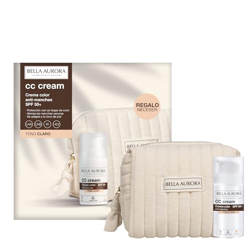 BELLA AURORA Pack CC Cream Anti-manchas SPF 50+ Tono Claro 30ml + Neceser Regalo | Protección Alta UVA UVB IR HEV | Toque de Color que Unifica y Atenúa Manchas
