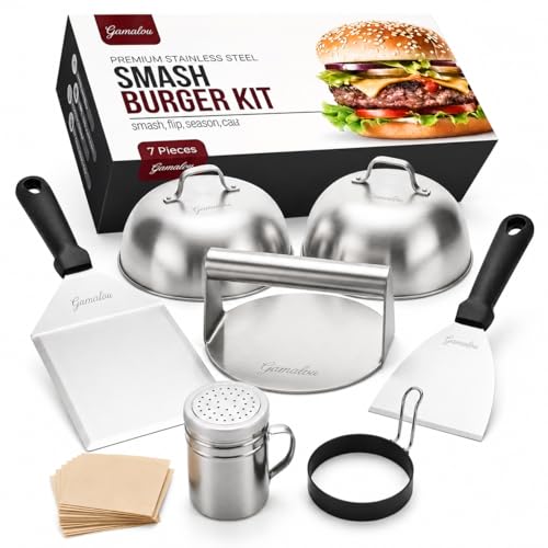 Gamalou 7 Pcs Smash Burger Press Kit: Stainless Steel Burger Smasher 6x5 Spatula 4 Scraper 2 Melting Domes Seasoning Shaker Egg Ring Griddle Accessories for Blackstone Grill Frying Pan