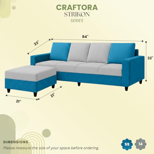 Image of Stryker Plush 5 Seater L Shape Sofa Set with Movable Ottoman | Flexible Layout |Silken Velvet Suede | Designer Sofa for Living Rooms & Office Spaces (Aqua Blue & Light Grey)