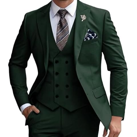 Men's 3 Pieces Classic Suit Double Breasted Wedding Suit Blazer Grooms Jackets Vests Pants Suits Dark Green Cover