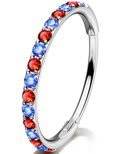 OUFER 20G Patriotic Nose Rings Hoops 316L Surgical Steel 4th of July Hoop with Red & Blue CZ 6mm Septum Helix Tragus Piercing Jewelry for Women Men