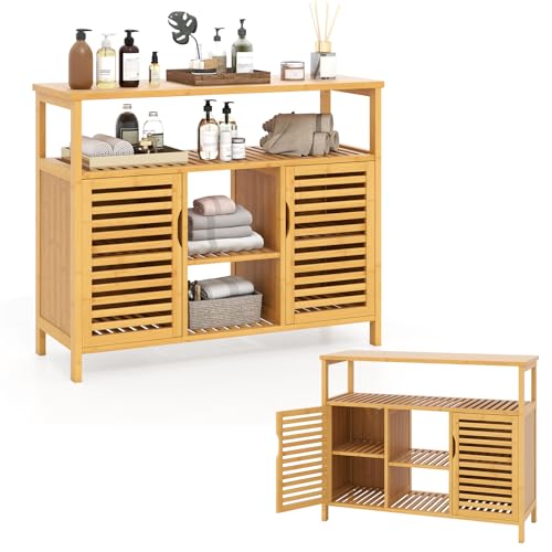 KOMFOTTEU Armoire de Salle de Bain en Bambou avec Étagère Ouverte, Meuble de Salle de Bain sur Pied, 2 Portes à Lamelles, Meuble Rangement 100 x 35 x 80cm,...