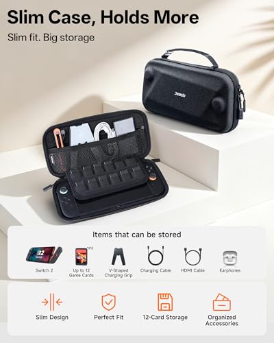 Image of JEMDO Switch 2 Carrying Case, 12 Game Card Slots, Ultra-Slim Hard EVA Shell Compatible with Nintendo Switch 2, Anti-Scratch Protective Travel Case with 6 Thumb Grips, Black