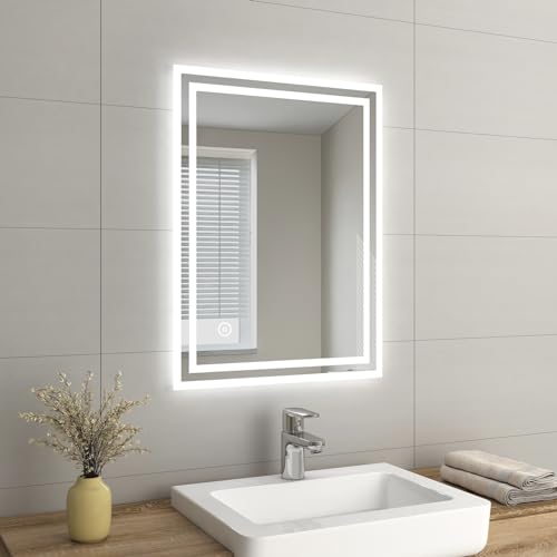 EMKE Illuminated LED Bathroom Mirror, Wall-Mounted Vanity Mirror 800x600mm with LED Light, Touch Switch, Demister Pad, 3 Color Tone, Dimmable