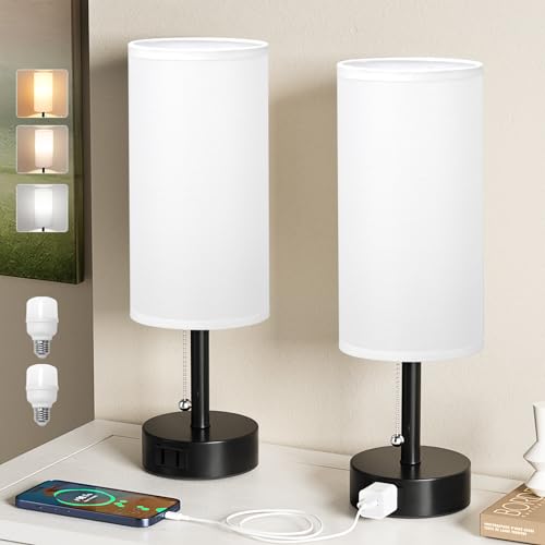 Fenmzee White Bedside Table Lamps Set of 2-3 Color Temperatures Pull Chain Lamp with AC Outlet Charging Port, Round Night Stand Lamps for Bedroom Office, Small Bed Side Light with E26 LED Bulbs