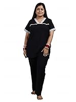 Dream Darzi Women's Plain Cotton Hosiery V Shape Neck Half Sleeve Laces A-Line Night Suit Set Top & Pyjamas -Black-7XL