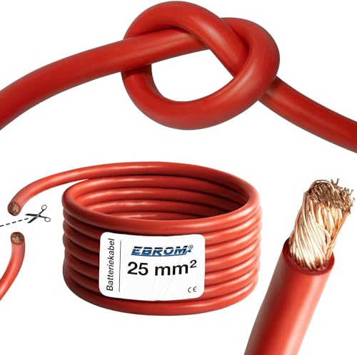 EBROM Batteriekabel hochflexibel Hi-Flex (Hi Flex) 25mm2 Kabel Meterware in ROT - sehr biegsam Mantel aus PVC (70 5 Shore) 99 9% OFC Kupfer 25 mm - als Starterkabel Ladekabel oder ähnliches