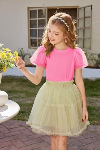 Image of Arshiner Girls Shirts Mesh Puff Short Sleeves Blouse Crewneck Cute Print Summer Kids Tee Tops