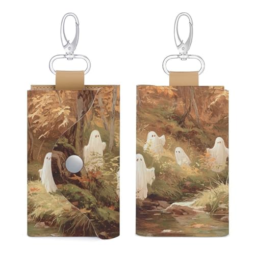 Several Cute White Ghosts in An Autumn Forest Key Holder Bag PU Leather ID Card Holder Keychains Case Cover for Men Women3