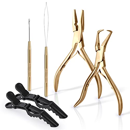 EHDIS Hair Extension Beading Tool Kit Stainless Steel Hair Extensions Micro link Bead Closer and Remover Pliers set Beads Hair Pulling Hook & Micro Ring Loop Tool Set (Gold)