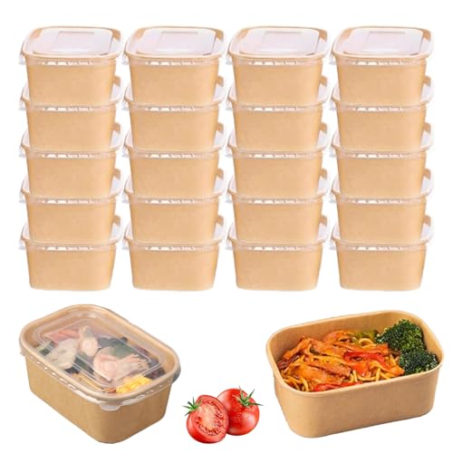 CaiYuanGJ 20 Pièces Boîtes à Salade En Papier Kraft 500ml, Boîtes à Emporter Réutilisables Barquette Carton, Imperméables Et Oléofuges Avec Couvercle,...