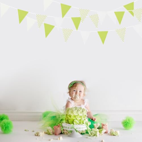 Image of Zwiebeco 39Ft Green White Dot Fabric Bunting Banner Triangle Flags Hanging Cotton Garland Pennant for Spring Birthday Wedding Baby Shower Tea Party Classroom Nursery Garden Decorations
