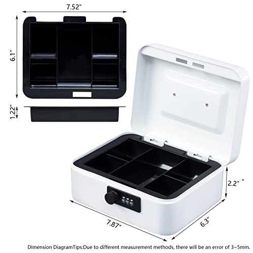 Image of KYODOLED Cash Box with Combination Lock,Safe Metal Box for Money,Storage Lock Box with Money Tray,7.87 inchx 6.30 inchx 3.54 inch White Medium