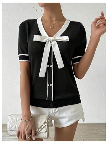 Verdusa Women's Old Money Bow Tie Casual Knit Tops Contrast V Neck Short Sleeve Sweaters4
