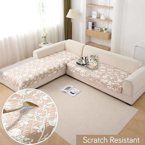 Image of HOKIPO 'Elira Series' Printed Water Repellent + Waterproof Quick Dry L Shape (3+3 Seater) Sofa Seat Cover Mat, Buff Brown Sillehoute Floral (NEW-AR-5249-C7*2)