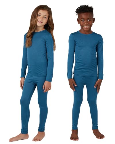 32 Degrees Heat Unisex Kids Lightweight Thermal Base Layer Set – Long Sleeve Top & Bottom, Soft Stretch, Moisture Wicking, Warm Underwear for Cold Weather, French Teal, X-Small