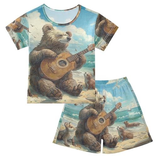 ALAZA Bear Play Music on The Summer Beach Pajama Set Short Sleeve Sleepwear Soft Lounge Nightwear