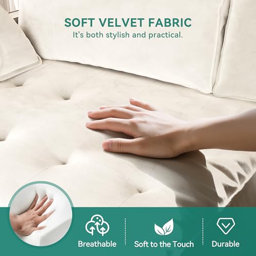 DWVO 68" Loveseat Sofa, Velvet Fabric Sofa Couch for Small Space, Modern Loveseat with Button Tufted Seat and Side Storage Pockect, 3 Seater Couch for Living Room Bedroom, 2 Pillows Included, Beige