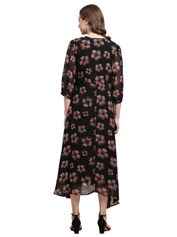 Preneum Women's Maxi Fit & Flare Latest Style Print Georgette Regular Sleeves Casual Maxi Dress || Summer Dress Festival & Occasion, Jet Black, Xl