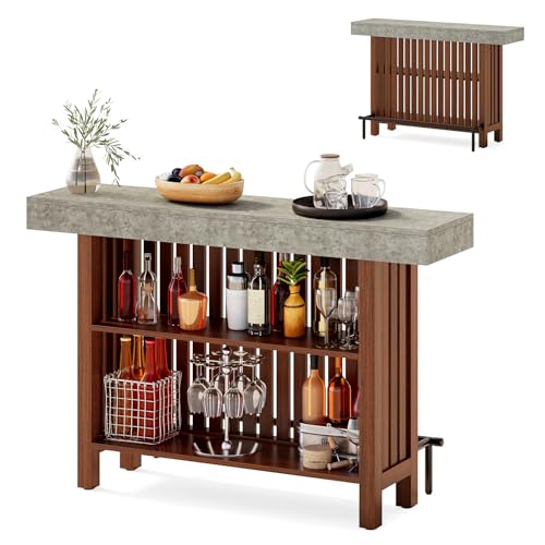 LITTLE TREE 63-Inch Home Bar Table, 2-Tier Storage Shelf Mini Bar Unit, Kitchen Pub Table, Small Bar Counter, Grey + Rustic