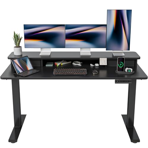 Image of FEZIBO 63 x 28 Inch Deeper Height Adjustable Electric Standing Desk with Double Drawers, Sit Stand Up, Home Office Computer Desk with 4 Height-Adjustable Feets & 2 Hooks, Black Frame /Black Top