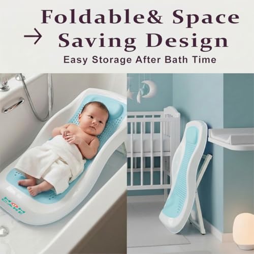 Image of MOM CARE Foldable Baby Bath Support Seat for Newborn (0-6 Months) | Anti-Slip Silicone Baby Bather | Ergonomic Infant Bath Seat for Sink, Tub & Floor | Portable Newborn Bath Support Chair | Blue