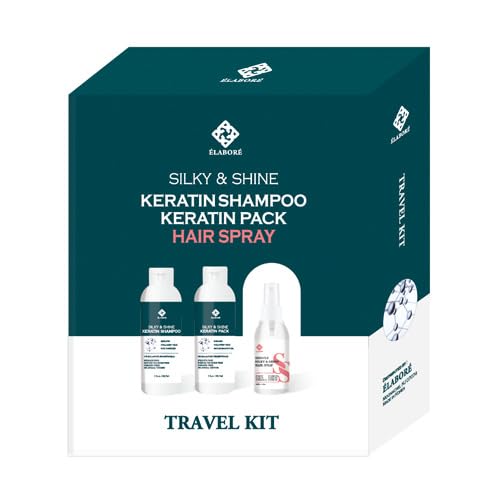 Elabore Silky & Shine Keratin Travel Kit [Shampoo 3oz, Pack 3oz, Spray 2oz]