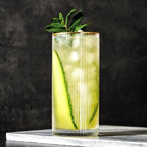 Viski Meridian Highball Glasses Set of 2 - Vintage Drinking Glass, Art Deco Ripple Glassware Design, 15oz Gold Rimmed Collins Glasses Set - Thumbnail 3