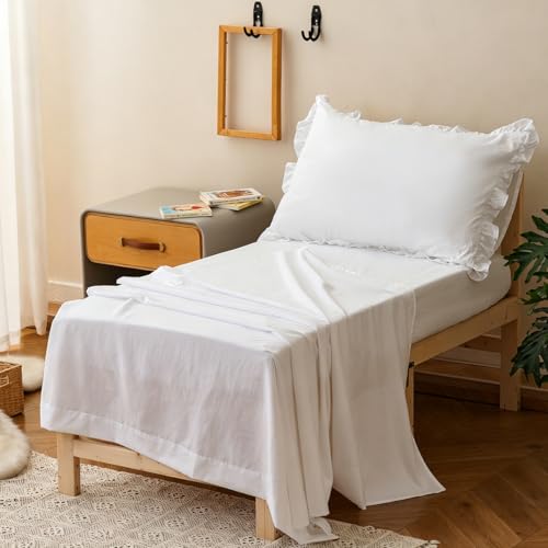 Image of Wellboo Boho White Lace Toddler Bedding Sets for Girls Boys Solid Color Shabby Chic 4 Pieces Soft Crib Bed Set Including Comforter, Sheets and Pillowcase Kids Vintage Rustic Floral Ruffle Quilt Warm