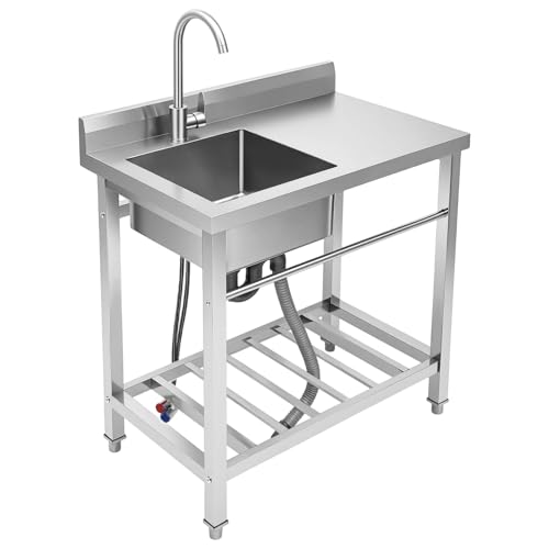 JJsdwin Évier de cuisine à simple bol - Pour restaurant commercial - Avec robinet - Évier de cuisine autoportant pour l'extérieur et la cuisine - Pieds...