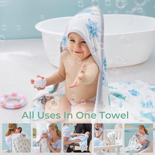 Image of Momcozy Baby Towel with Hooded-Original Design Baby Towel Set -Soft & Absorbent- Shower Gifts or Bath Essential for Infant, Newborn, Toddler, Marine Sea Turtle Shells Magic