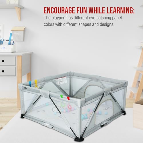 Image of Foldable Grey Playpen for Toddlers - Portable Baby Play Yard with Safety Lock & Suction Cups, Indoor Play Gate Fence for Boys & Girls - Lightweight & Secure Baby Activity Center