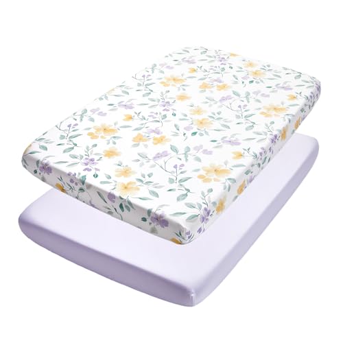 Image of TILLYOU Mini Crib Sheets Fitted 2 Pack, Pack and Play Sheets for Toddler Mattress, Soft and Breathable 38 inchx 24 inch Pack n Play Mattresses Cover, Flower Whispers