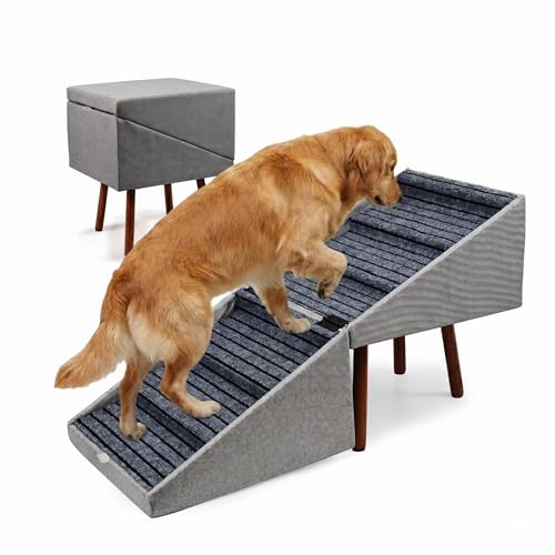 Image of XXL 6-Step Dog Stairs for High Bed, 21.6 inch H Wood Dog Steps & Ottoman Bench, Sturdy 400lbs Capacity Pet Ladder with Non-Slip Fabric for Large Premium Dogs, Injury Recovery