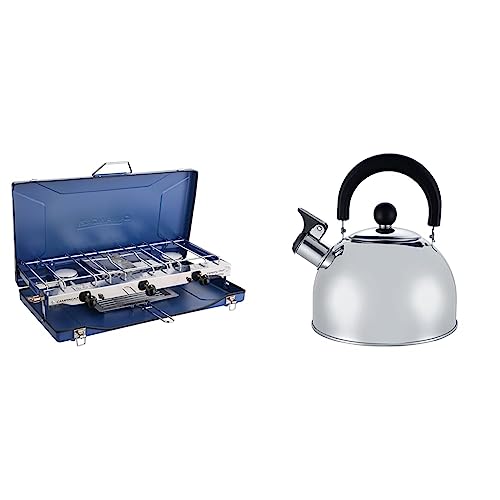Campingaz Chef Folding Double Burner Stove and Grill, compact gas cooker for camping or festivals, Blue & Milestone Camping 65580 2L Whistling Camping Kettle/Durable and Lightweight/Pouring Spout