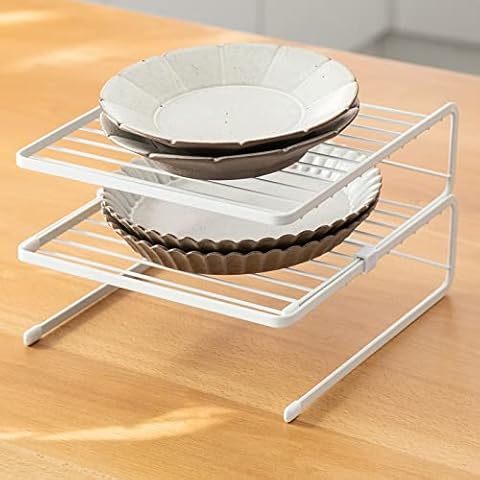 Stackable Storage Rack Set of 2, 3 Tiers Shelf for Cabinet Cupboard Countertop Plate Documents Organizer, Sturdy Shelves U-Shape Steel Metal Wire Design White Cover