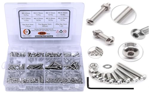 Image of Epi-Torque Stainless Steel 202 Grade Button Head Allen Key Bolt M5 Assortment with Matching Nuts, Washer & Allen Key Pack of 412 Pcs