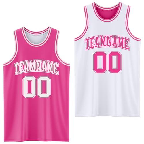 Customized Pink and White Reversible Basketball Jerseys for Men Teens