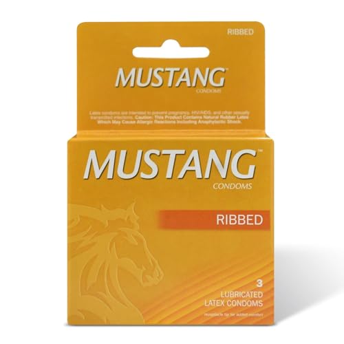 Mustang Ribbed Latex Condoms, 3 Count Pack – Premium Natural Latex, Textured for Extra...