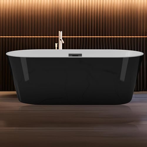 Image of 59 Inch Freestanding Bathtub, Acrylic, Deep Soaking Tub with Non-Slip Base, Modern Black Free Standing Tub for Bathrooms, cUPC Certified with Chrome Drain