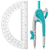 EBOOT Student Geometry Math Set, Drawing Compass and 6 Inch Clear Swing Arm Protractors 180 Degree Math Protractor(Turquoise)