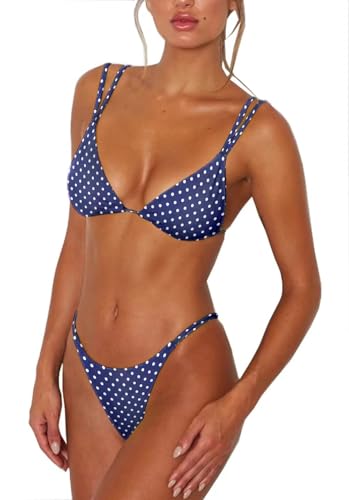 Image of Women's Sexy Thong Bottom Two Piece Bikini Double Shoulder Straps Cute Swimsuit Triangle Bathing Suit