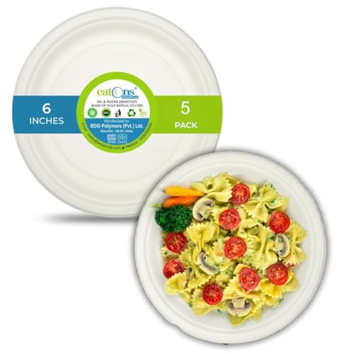Image of EATONS 6 Inch Bagasse Disposable Plates | Eco-Friendly Biodegradable Compostable Sugarcane Plates | Quarter Plate | Serve Snacks | Birthday, Wedding, Party | Round | White (5 Pack)