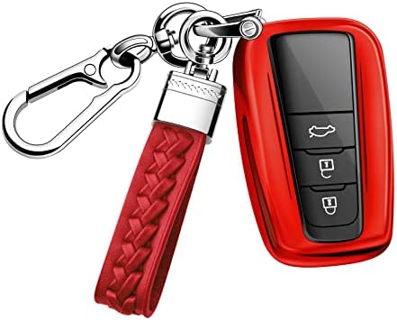 KPPOWER for Toyota Camry Key Fob Cover,Key Fob Cover Case forToyota Camry RAV4 Highlander Corolla Avalon C-HR Prius GT86 3/4 Button Smart Key Car Accessory with Keychain Soft TPU (Red)